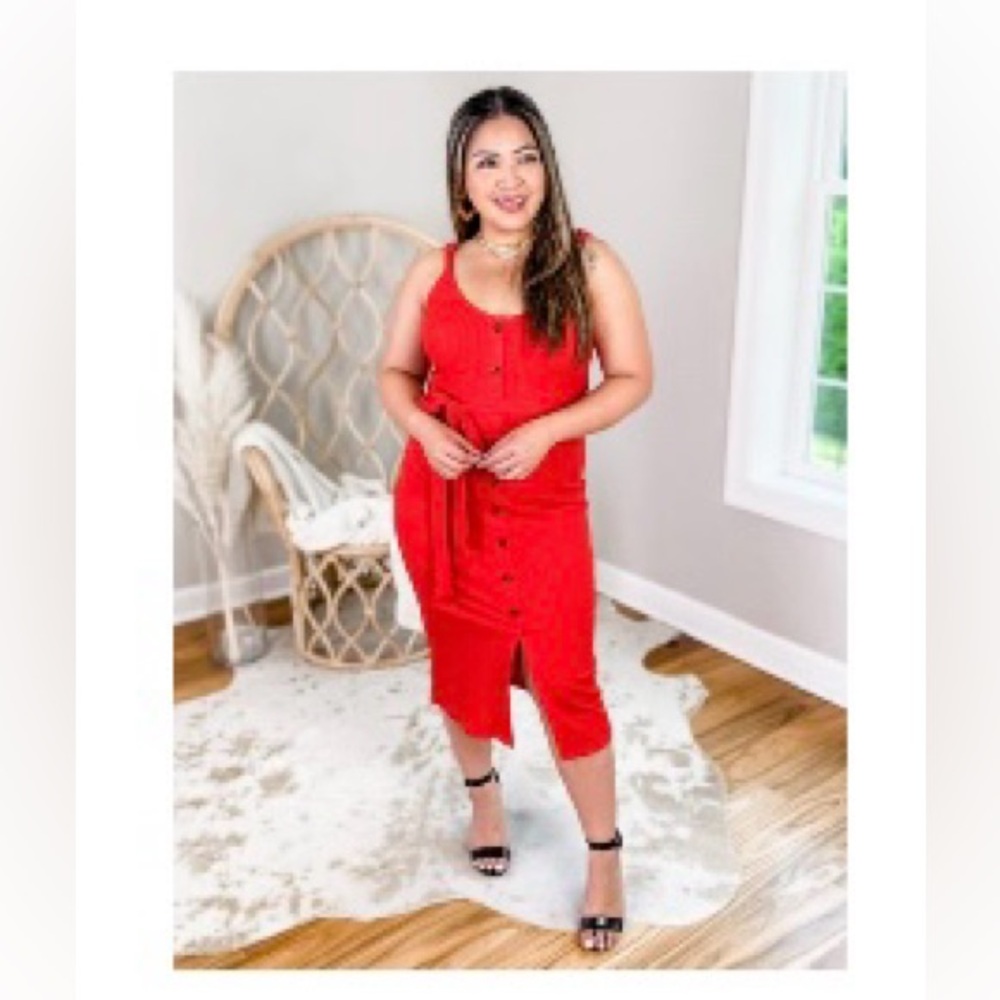 Red Ribbed Knit front button Midi dress